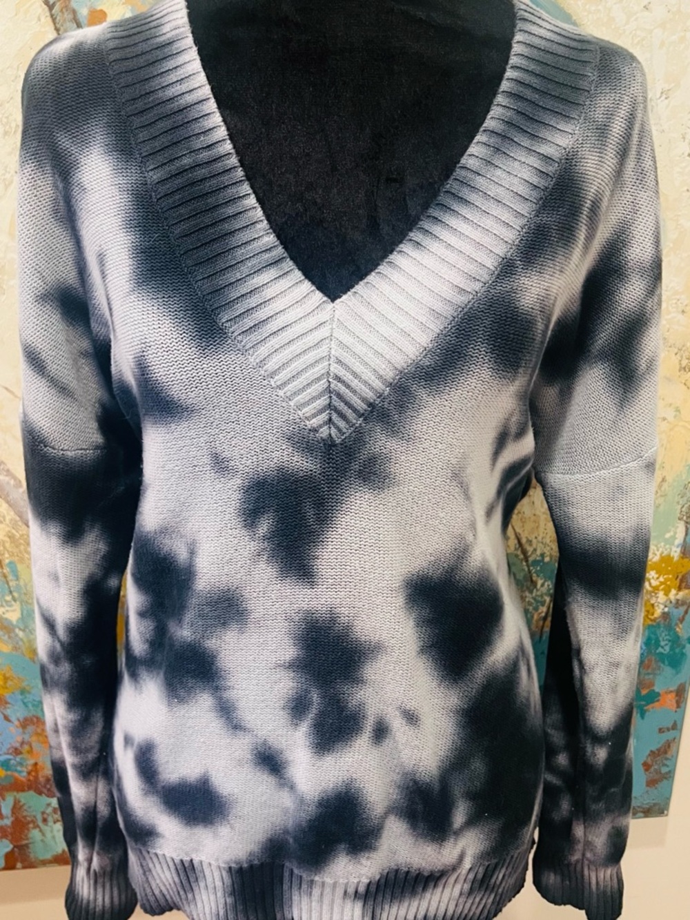 Boho Tie Dye Sweater Women’s Medium Gray Black Cotton V Neck